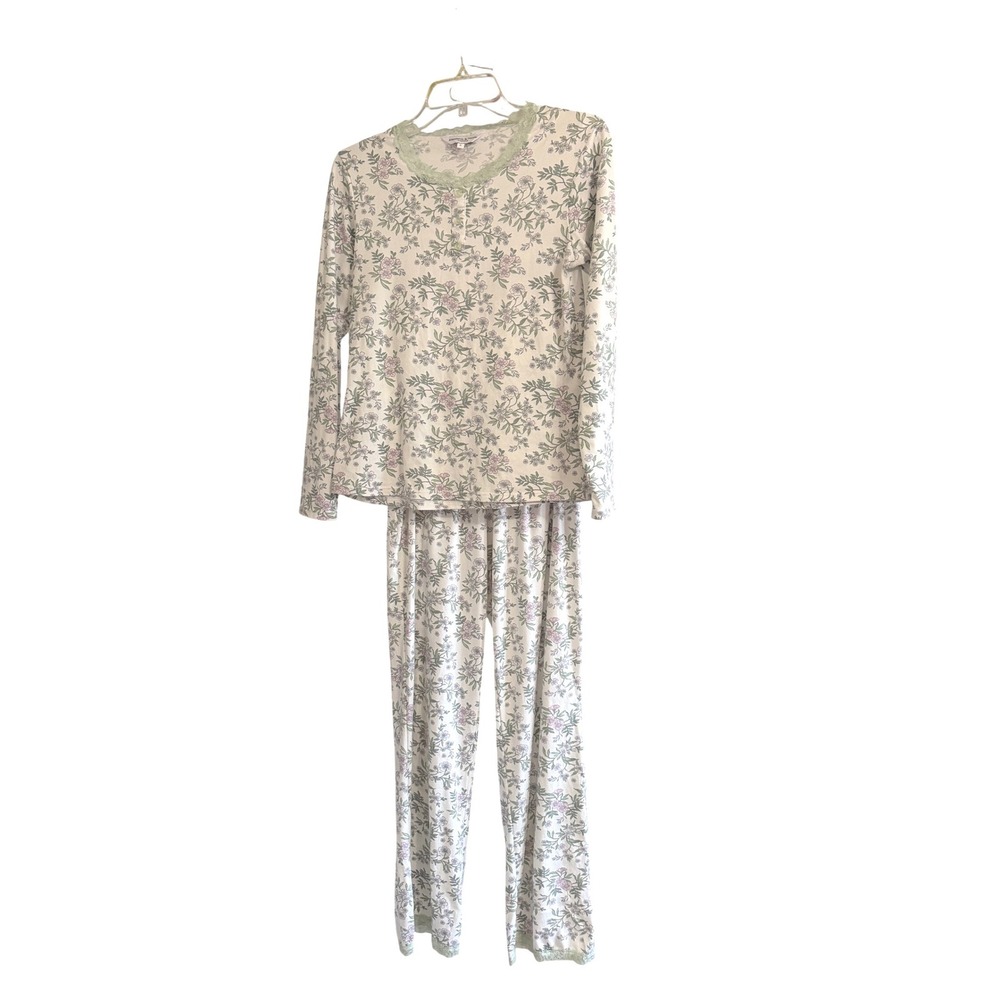 Elizabeth & Nicole Pajama Set Womens Small White Floral Lace Henley Loungewear